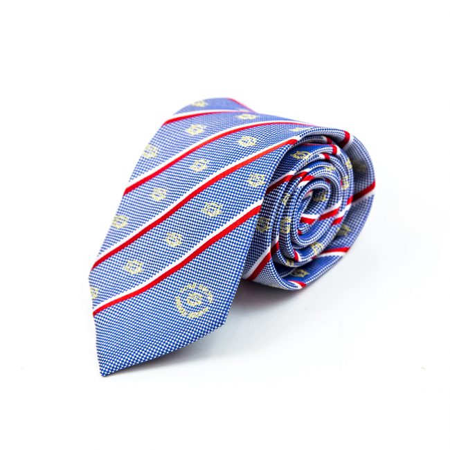 Blue tie rolled up with red and white stripe