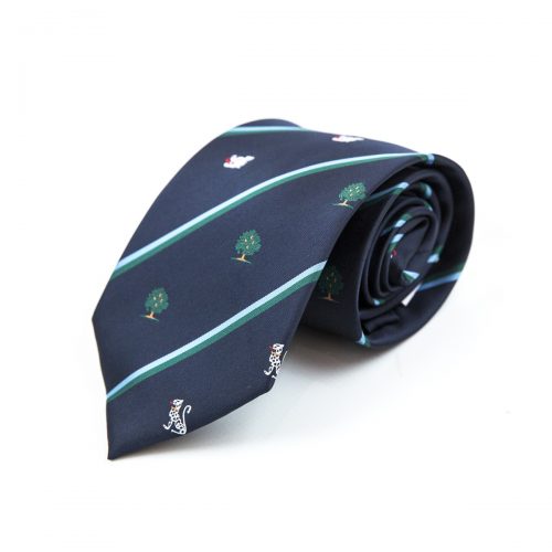 Dark tie rolled up with tree embroidery and green stripes