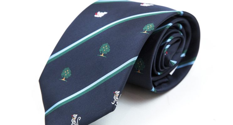 Dark tie rolled up with tree embroidery and green stripes