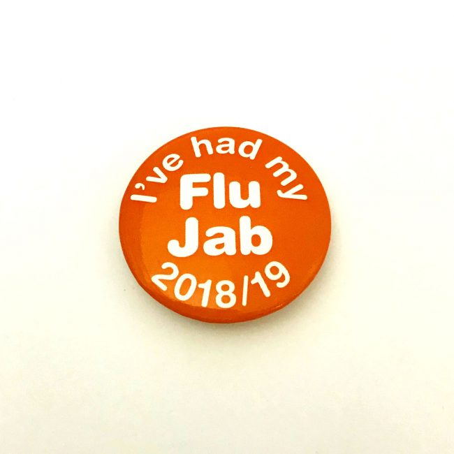 Flu Jab orange button badge