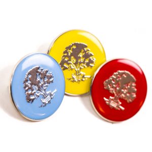 School house badges with three colours in blue, yellow and red with gold tree