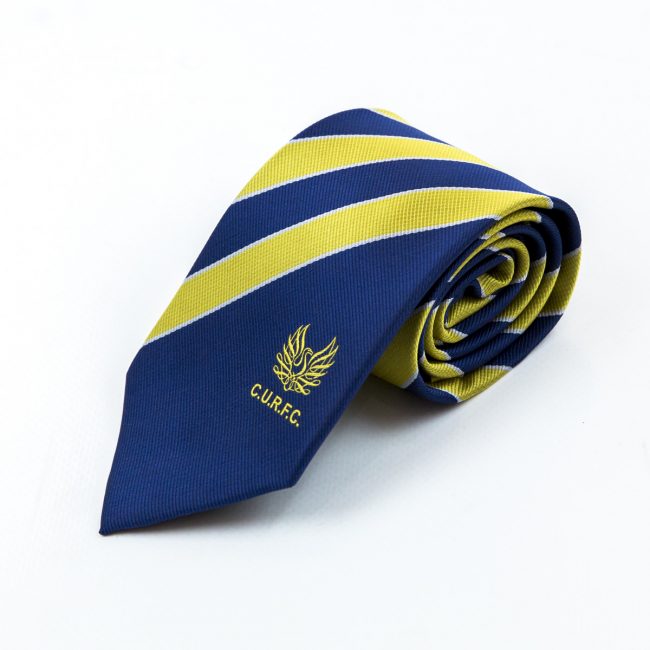 Blue rolled tie with thick yellow stripes