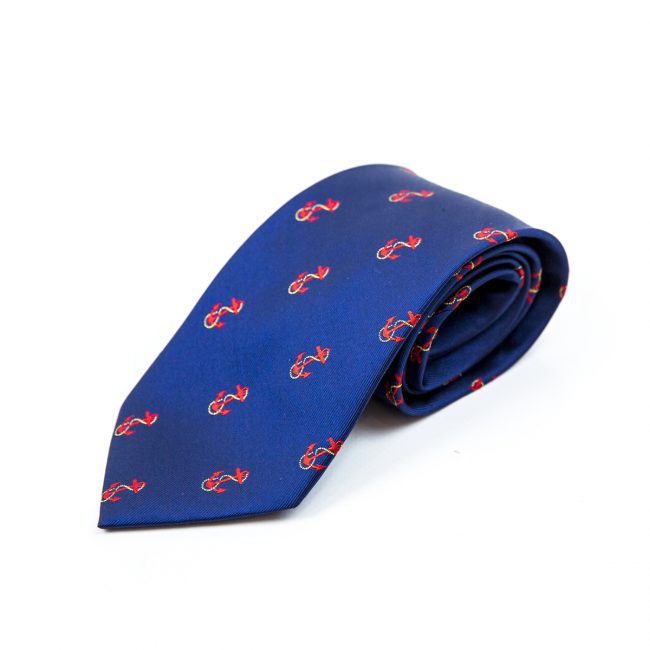 Blue rolled tie with orange anchor embroidery logo