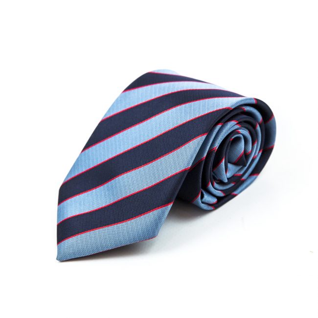 Blue and navy blue stripe tie rolled up