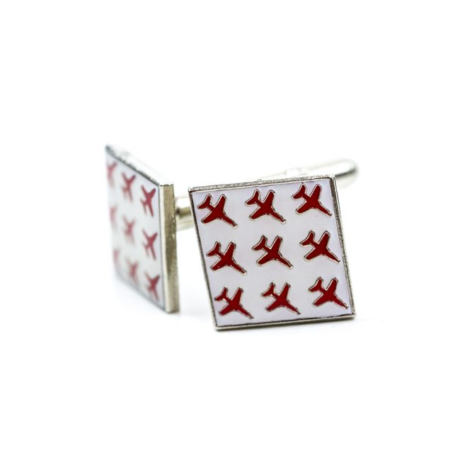 Square white cufflinks with red airplanes on