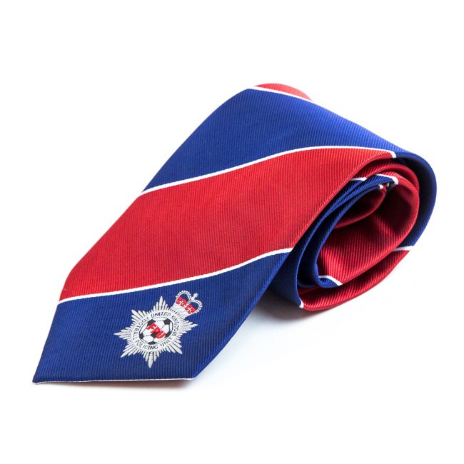 Blue and red stripe tie rolled up with white embroidered custom logo