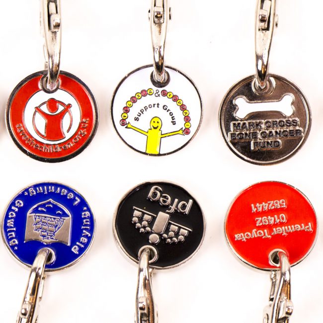 personalised trolley coin, custom trolley coins, charity Trolley Coins