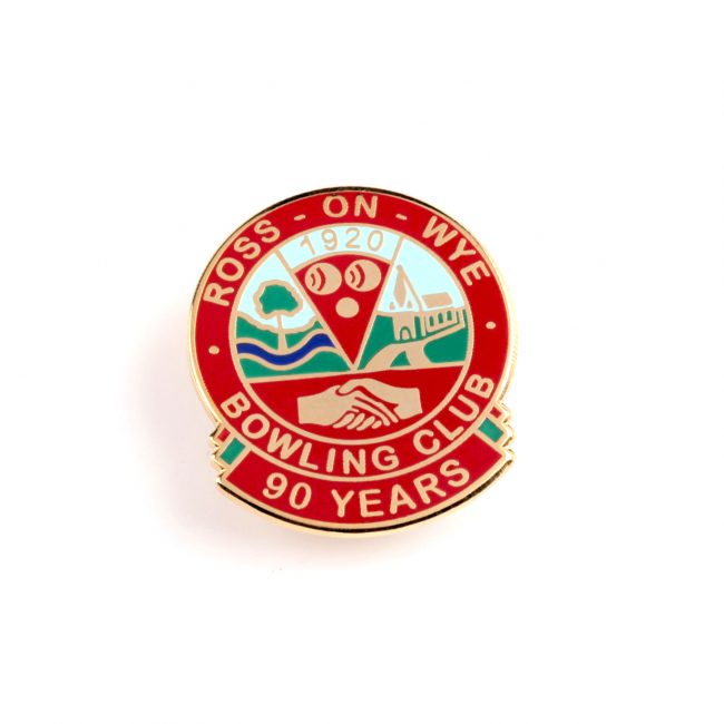 Red circle badge with bowling club logo and 90 years writing on