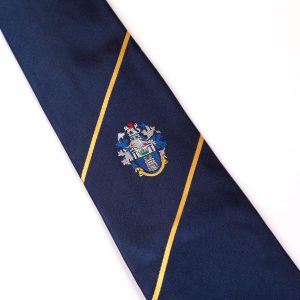 Navy blue tie with yellow stripes and logo regimental ties