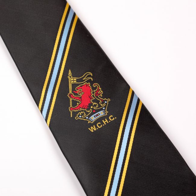 Black tie with blue and yellow stripes corporate ties