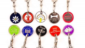 personalised trolley coin, custom trolley coins, charity trolley keychains