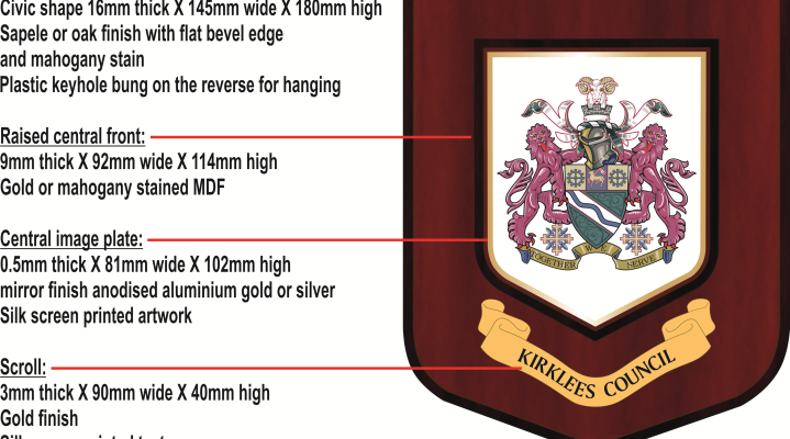 Custom plaque with oak finish and specifications