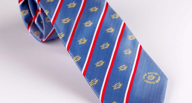 Blue tie with red and white stripes