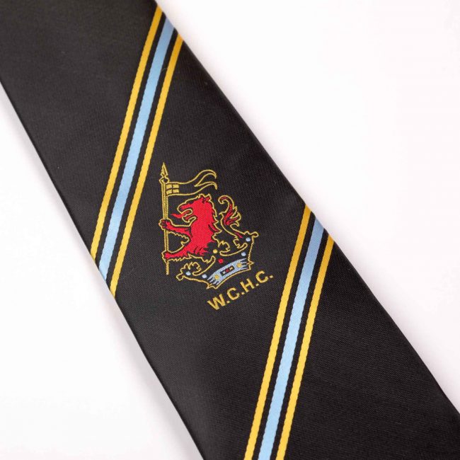 Black tie with blue and yellow stripes and WCHC logo