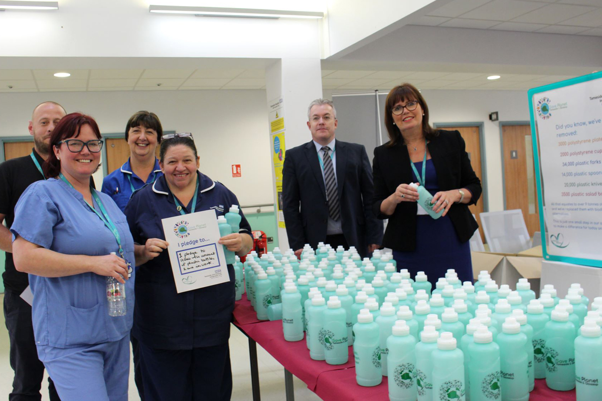 Tameside hospital staff with reusable water bottles